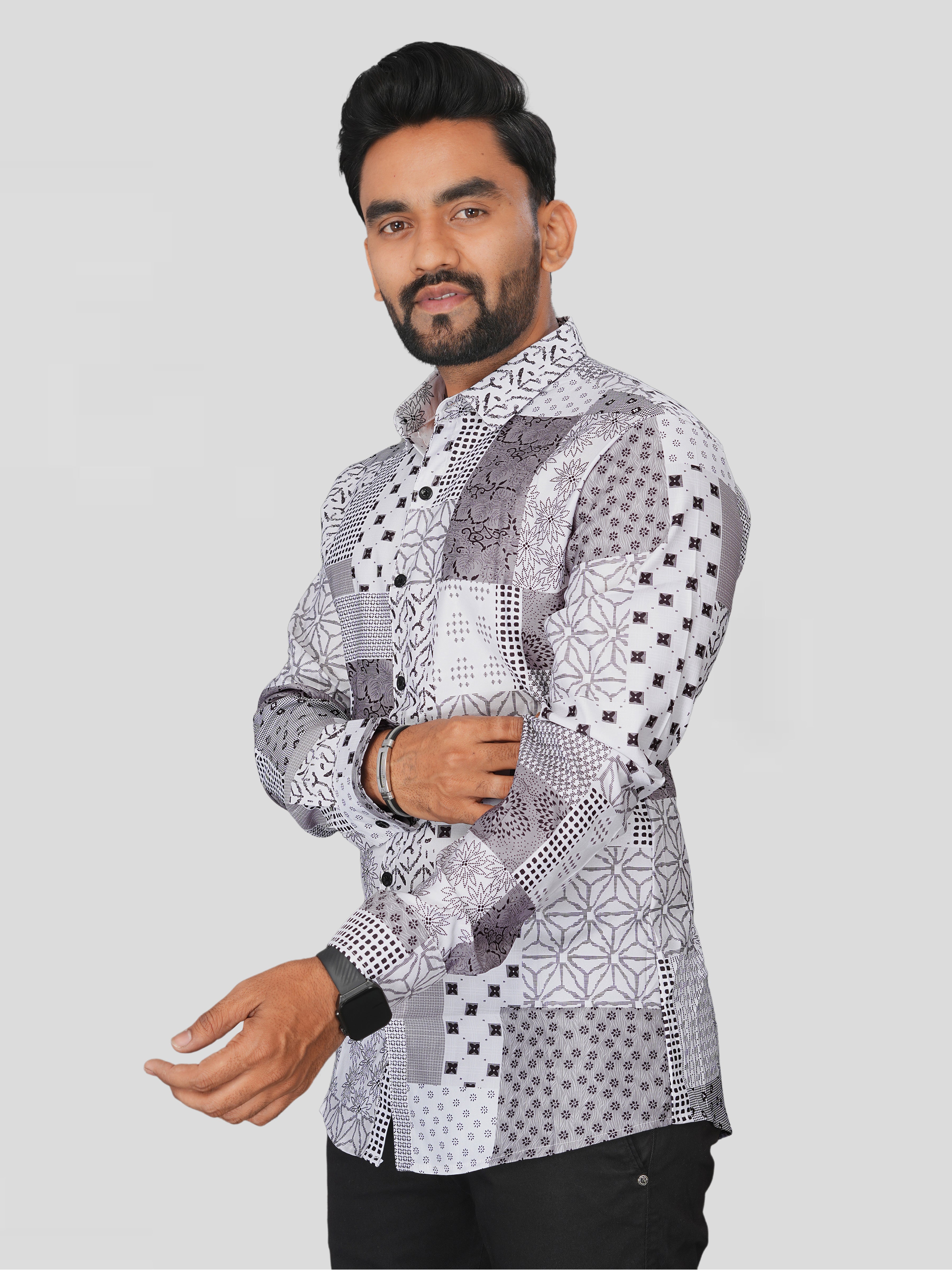White Shaded Abstract Slim Fit Shirt
